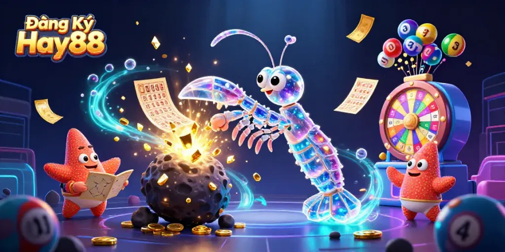 Experience the thrill of Đăng Ký Hay88 with a dynamic casino scene featuring colorful lottery elements and vibrant characters.