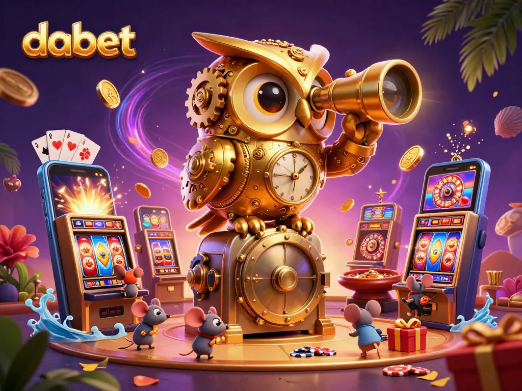 Engage in thrilling dabet casino action with a vibrant illustration featuring a golden owl, slot games, and energetic patrons.