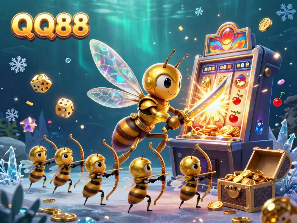 Experience the thrill of QQ88 with a golden hornet samurai among dazzling casino elements.