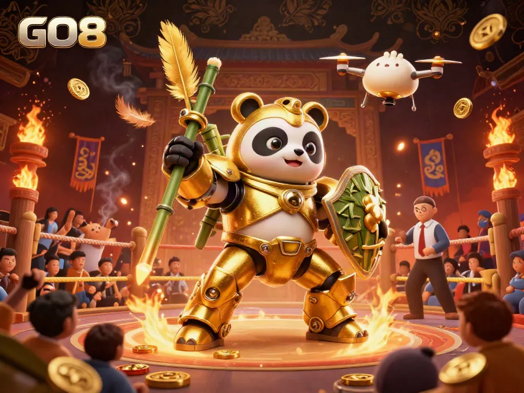 Engage with GO8's thrilling 3D casino world featuring golden panda in mech-suit combat.