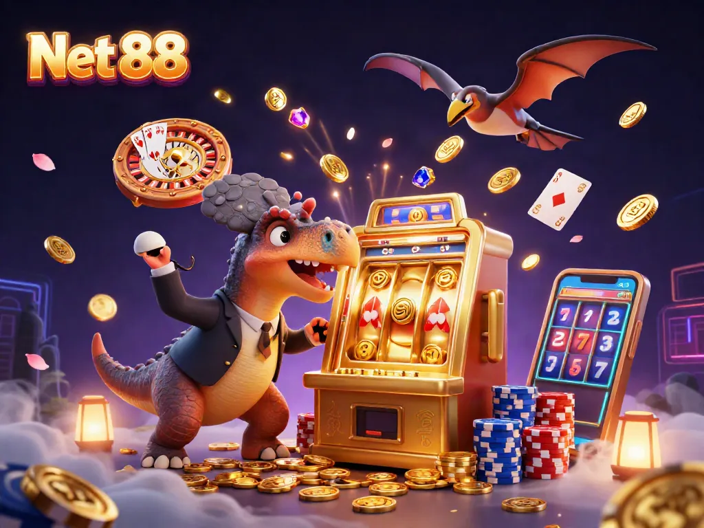 Net 88 players win jackpots using strategy, featuring a pachycephalosaurus and vibrant casino elements.