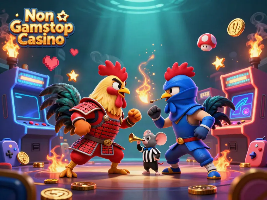 Experience excitement at a Non Gamstop Casino: animated roosters in battle with gaming elements