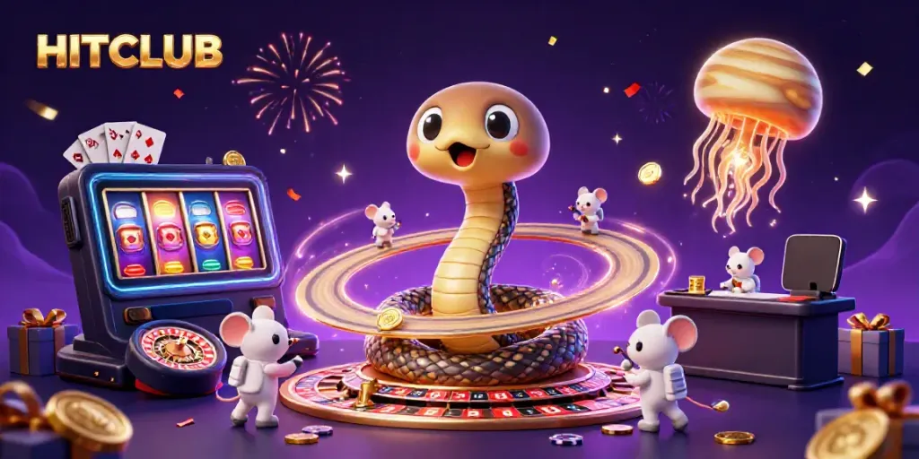 Engaging illustration of HITCLUB gaming, showcasing a 3D Saturn snake and cosmic dealer at the roulette wheel.