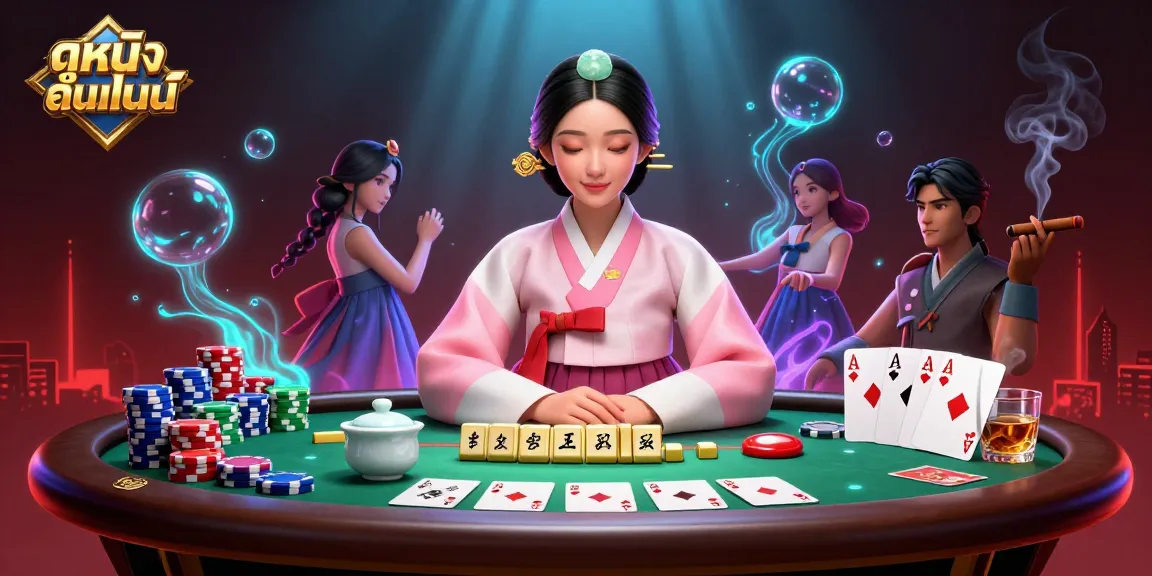 Engage with the art of ดูหนังออนไลน์ while enjoying an immersive poker scene featuring an elegant Asian woman