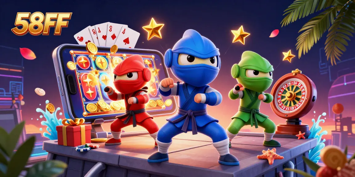 Engage in the thrilling world of 58FF while watching chameleons perform martial arts amid colorful casino elements.