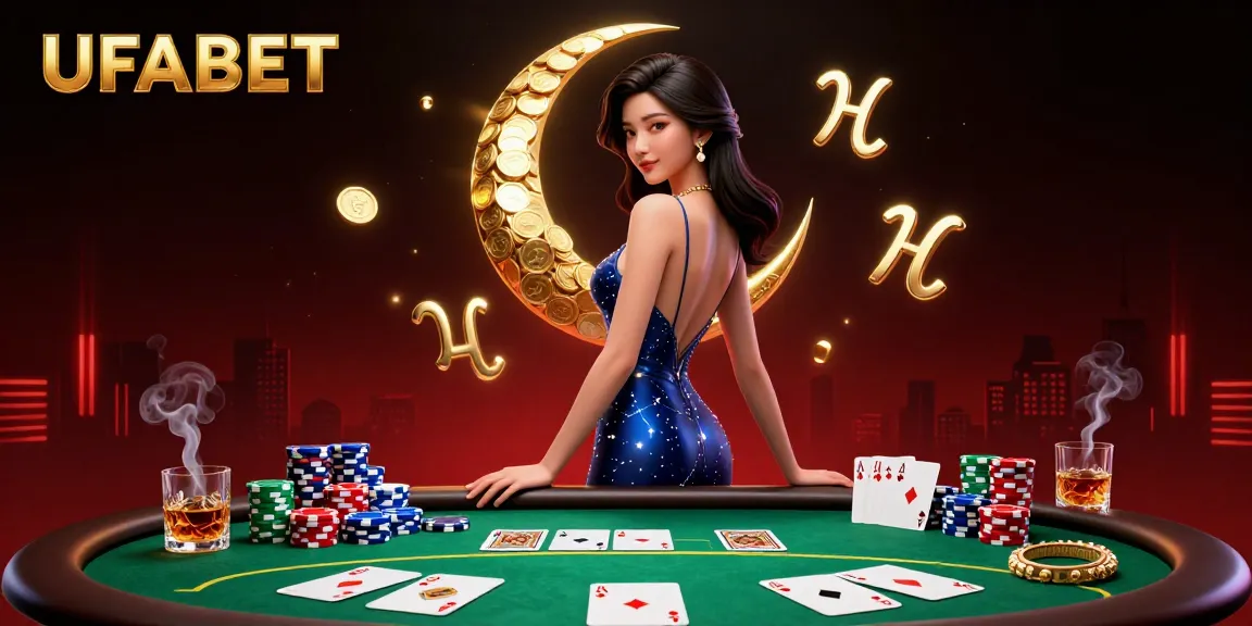 Experience UFABET's thrilling poker action with a stunning Asian woman character and vibrant game elements.