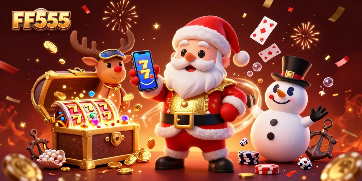 Join the excitement with FF555 in this vibrant casino scene filled with jackpots and festive cheer.