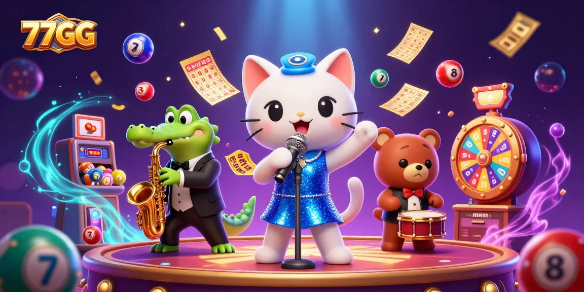 Experience the excitement of 77GG with a vibrant casino scene featuring lively characters and games.