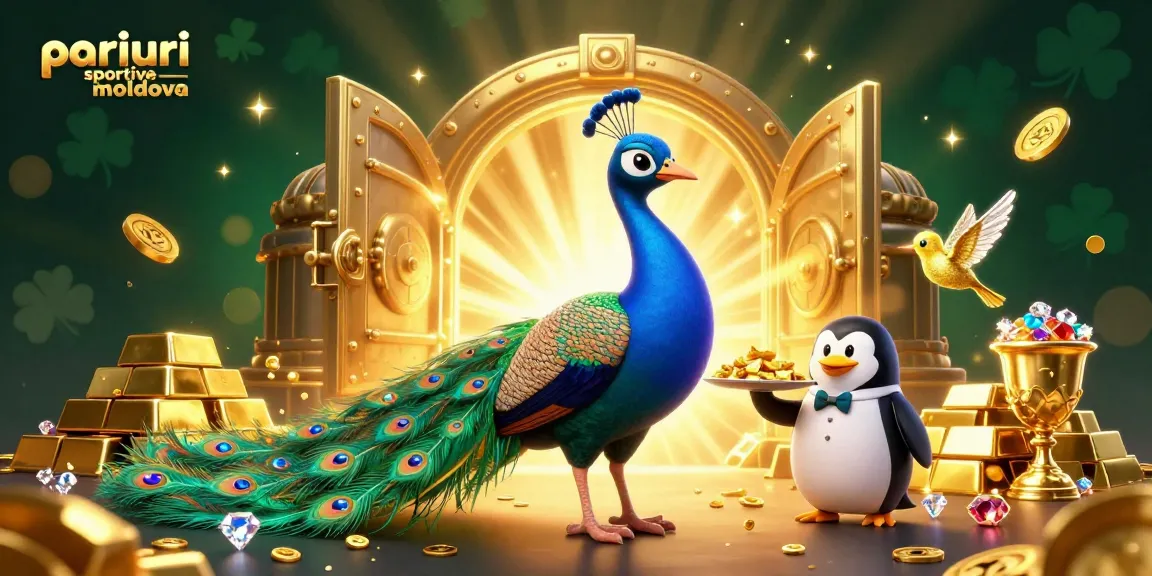 Pariuri sportive Moldova: Ilustrație 3D cu un struț aristocratic și un pingvin chelner la o masă de joc