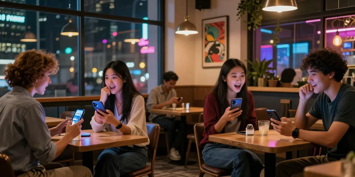 Individuals exploring 18+ ai chatbots in a trendy café, capturing urban nightlife.