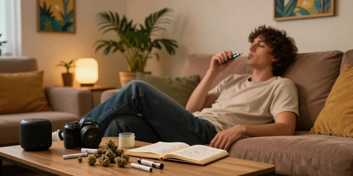 Person enjoying THC vapes in a cozy living room setting with cannabis accessories.