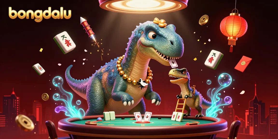 Experience the dynamic thrill of bongdalu with a whimsical casino scene featuring a towering brontosaurus and clever card dealing raptor.