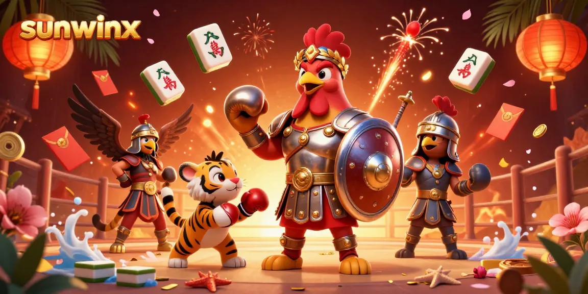 Join the excitement at sunwinx with 3D cockfighting, sports elements, and vibrant casino symbols