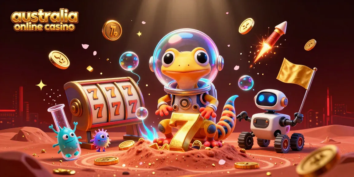 Experience fun at an australia online casino with an adventurous Martian gecko discovering treasures.