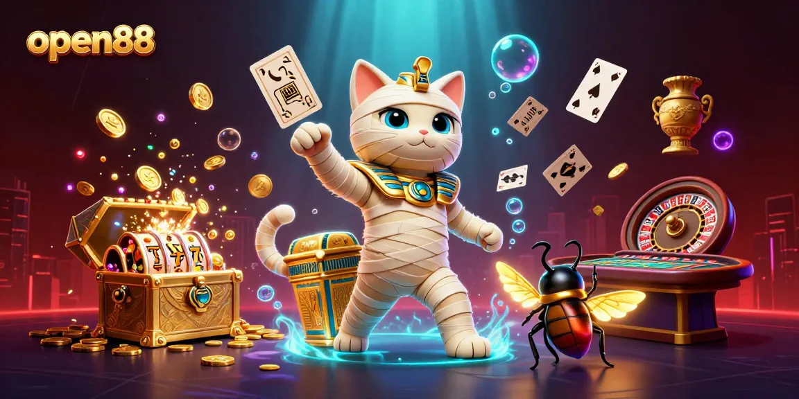 Open88 casino illustration showcasing thrilling gameplay with glowing symbols and characters.