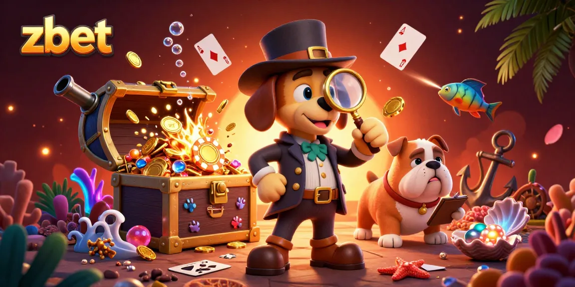 zbet offers an exciting 3D illustration featuring a detective and treasures in a vibrant casino setting.