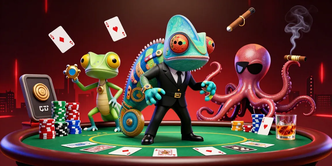 dabet poker scene with secret agent chameleon, tech-gecko, octopus, vibrant casino elements