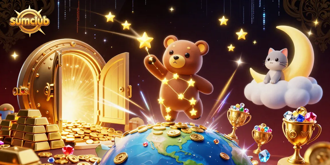 Win exciting rewards at sumclub amidst a treasure of gold bars and gems in a vibrant casino scene.