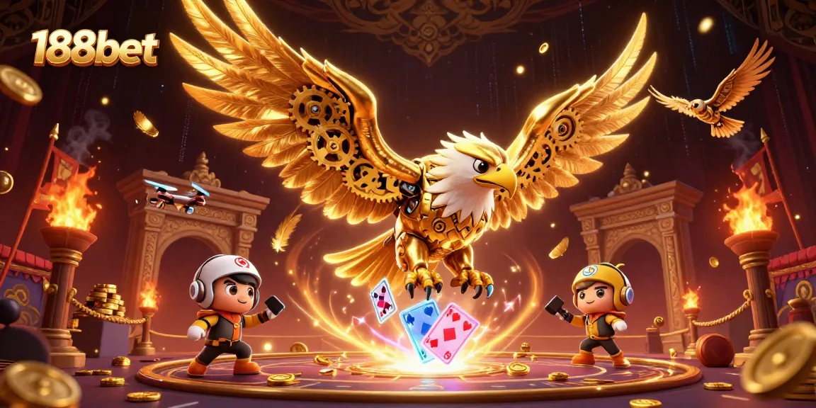 Experience the thrill of 188bet with a golden eagle soaring through holographic playing cards in a vibrant casino scene.