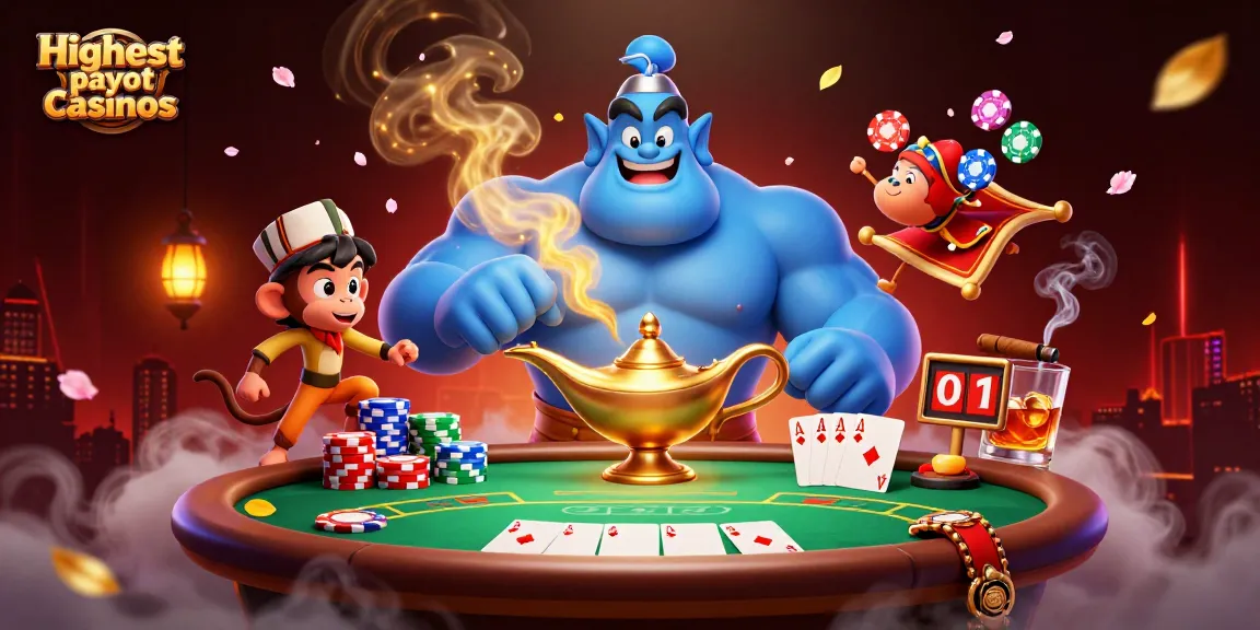 Experience the excitement of the highest payout casinos with a lively illustration featuring a genie, monkey, and poker elements.