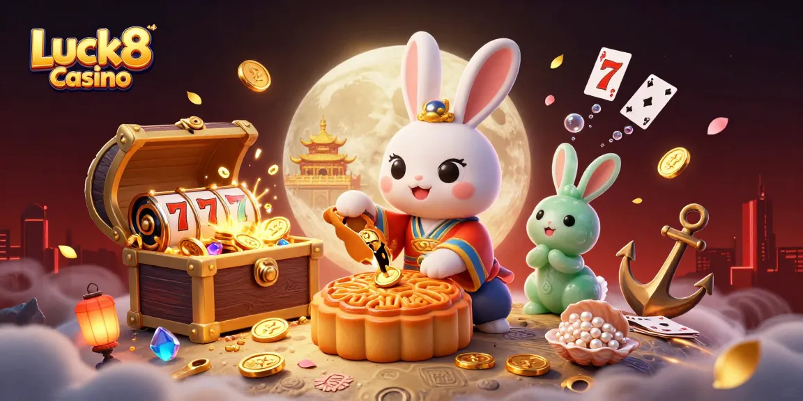 Experience Luck8 Casino excitement with vibrant 3D illustration of a moon rabbit and slot reels.