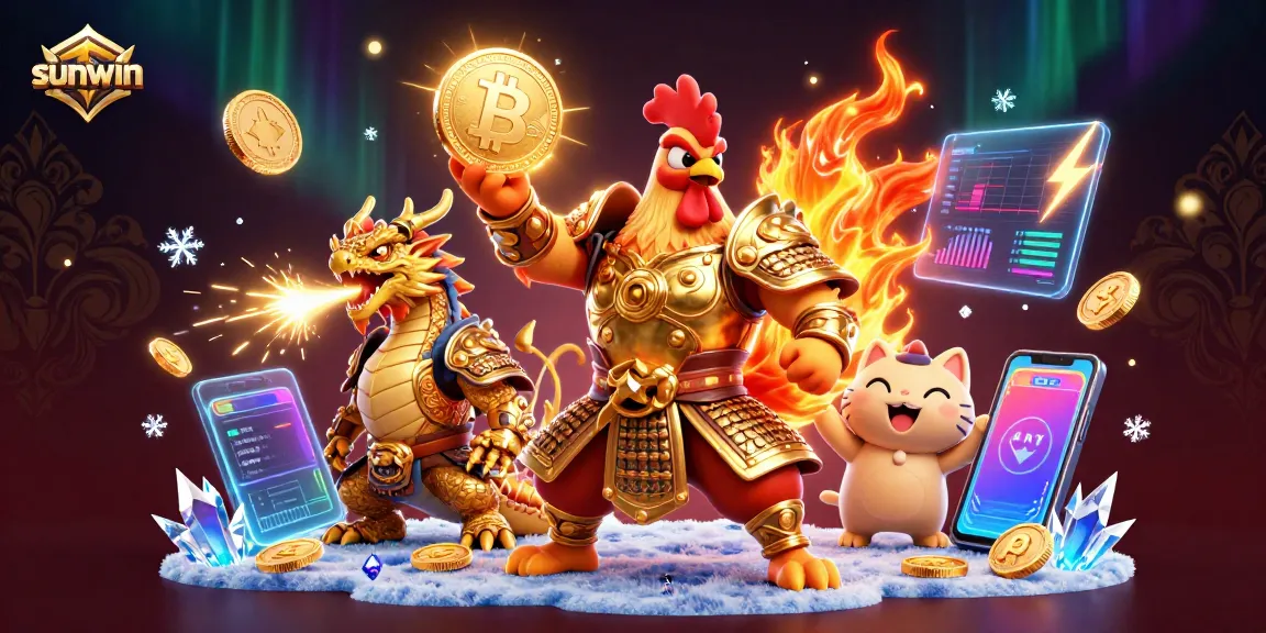 Engage with Sunwin's thrilling gaming, featuring a cartoon rooster warrior, fiery dragon, and crypto elements.