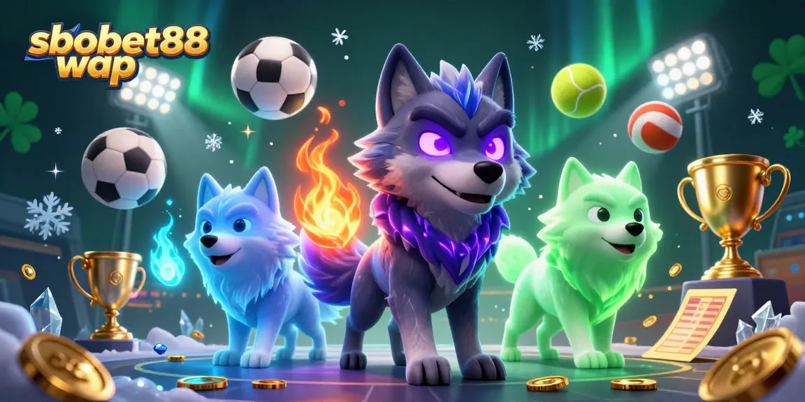 Bet on sbobet88 wap with immersive sports elements and spectral wolf companions in dynamic illustration.