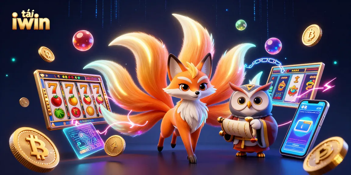 Play tải iwin with a dynamic scene of a colorful nine-tailed fox and wise owl in a casino atmosphere
