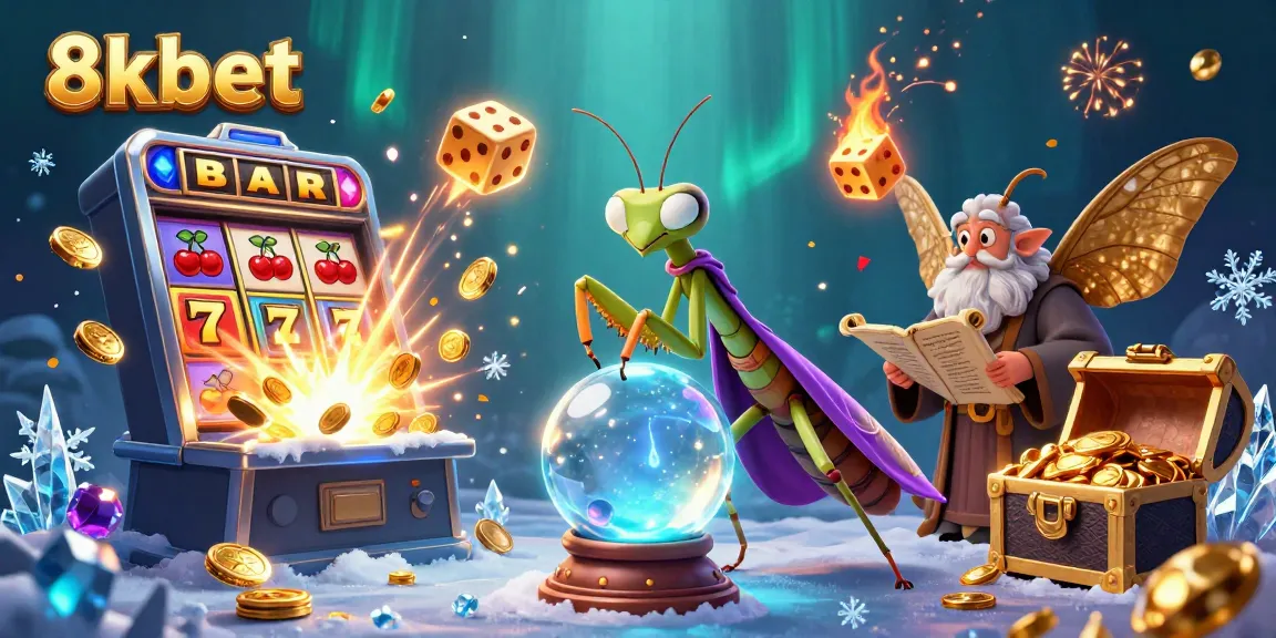 8xbet captures the excitement of jackpots with animated slot machines and glowing symbols around whimsical characters.