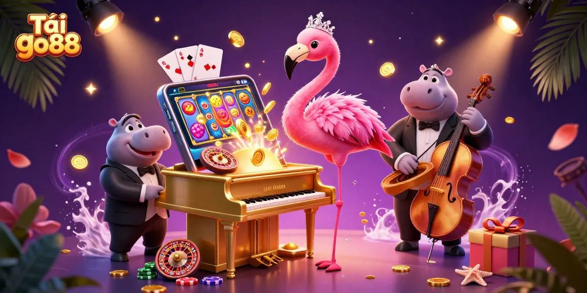 Experience lively gameplay with Tải go88 in a 3D casino scene filled with vibrant characters and gaming elements.