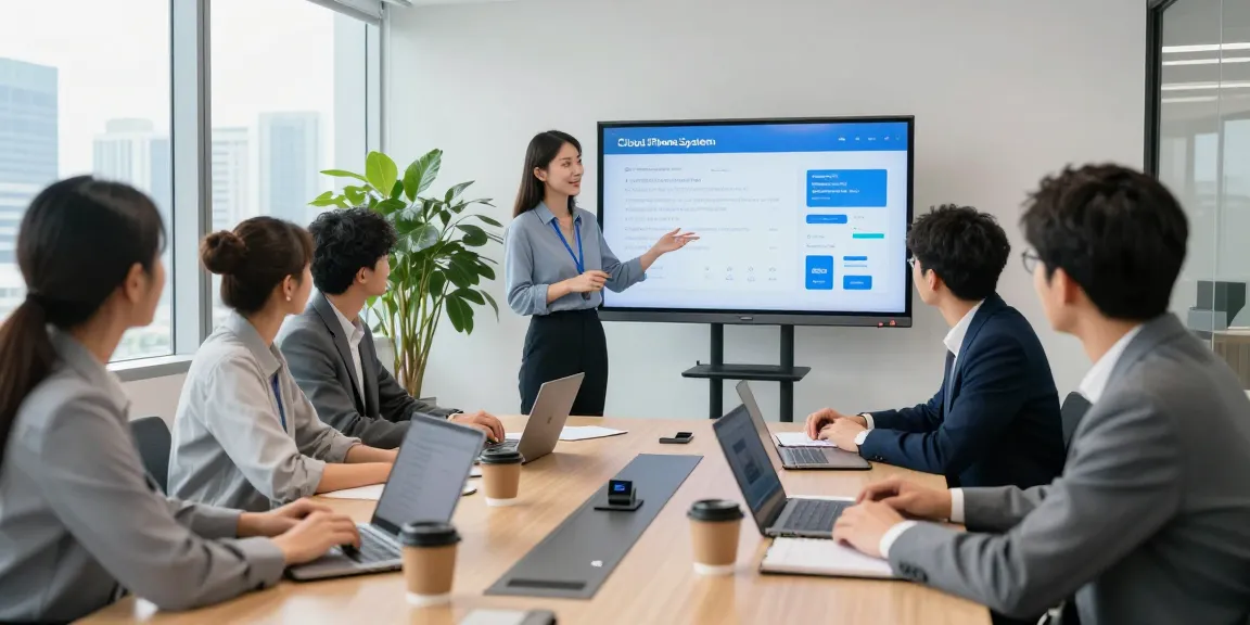 Team collaboration discussing a cloud phone system in a modern office setting.