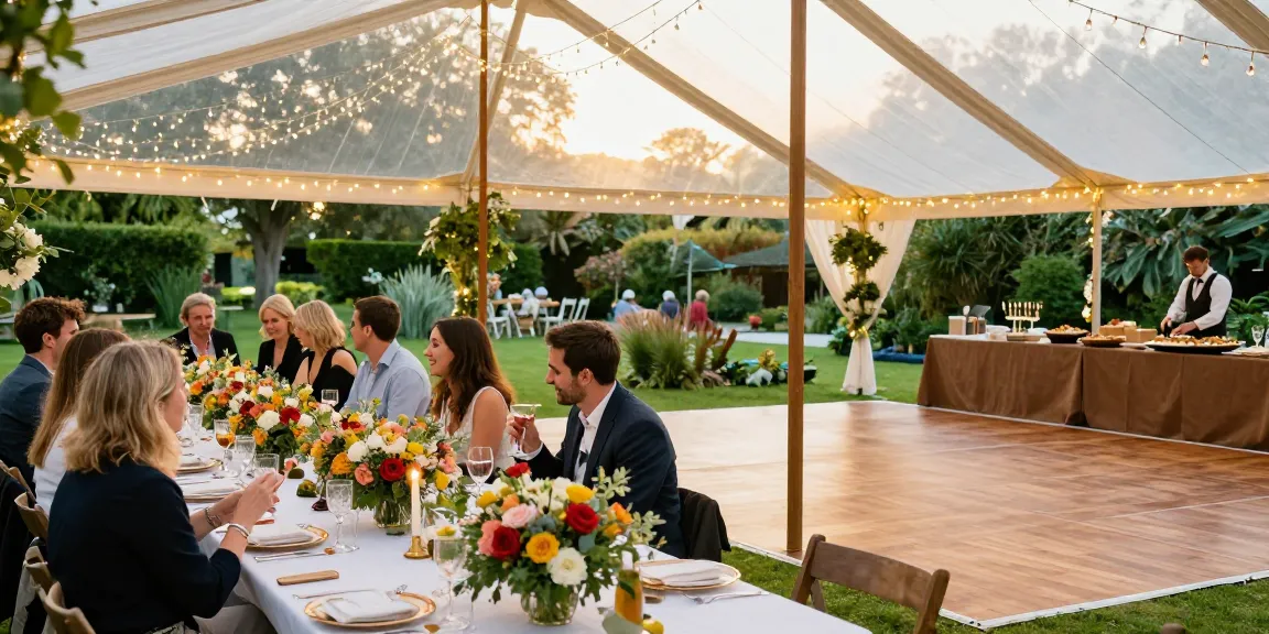 Outdoor wedding setup from casablancahire.co.uk with marvelous marquee and elegant decor in a garden.