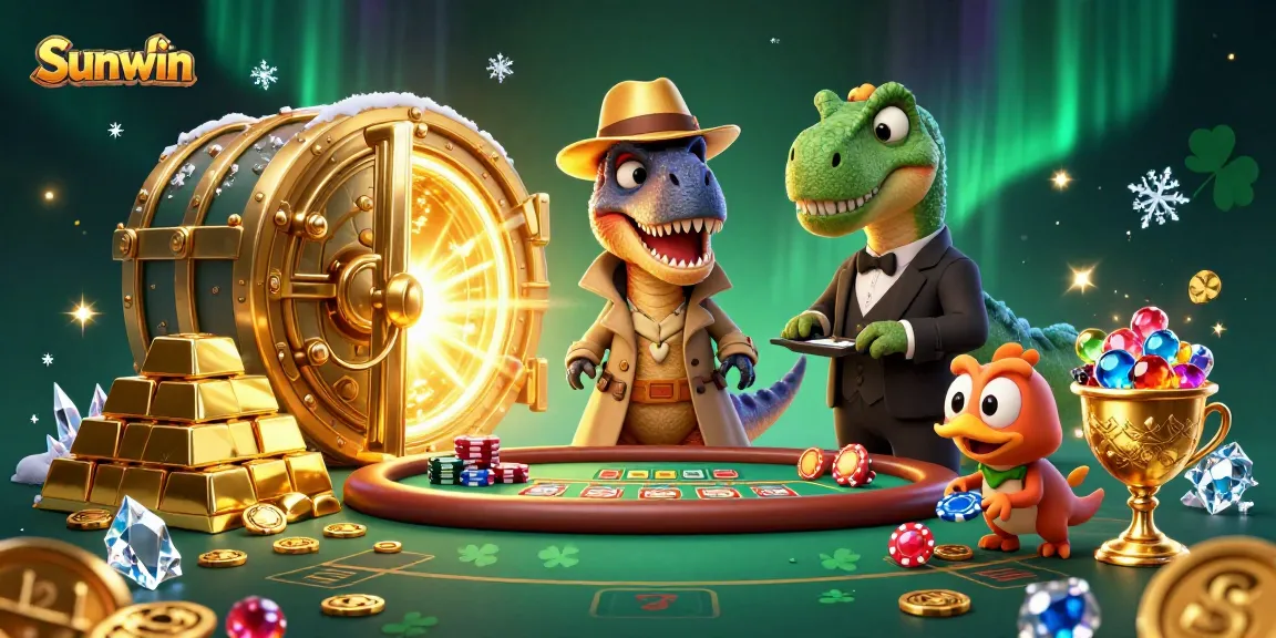 Sunwin's vibrant online casino scene features a velociraptor card counter amidst gold treasures, showcasing the thrill of gambling.