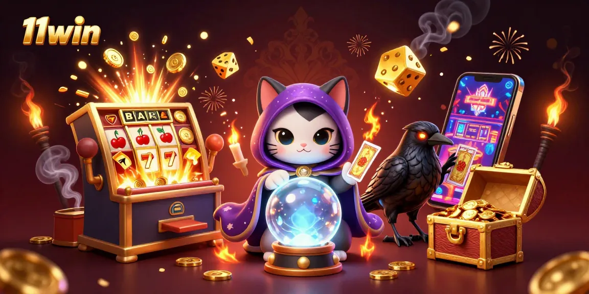 Experience thrilling jackpots at 11win with a mystical cat, raven, and vibrant slot machines.