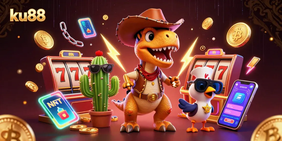 ku88 showcases a vibrant casino scene with a T-Rex, cactus, and roadrunner amidst slot reels and crypto coins