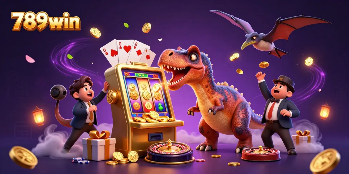 Win big with 789win as a cartoon dinosaur interacts with a golden jackpot slot machine, chasing coins.