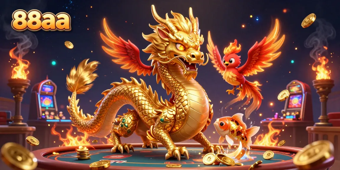 Experience thrilling gameplay with 88aaa, featuring a golden dragon and colorful casino elements.