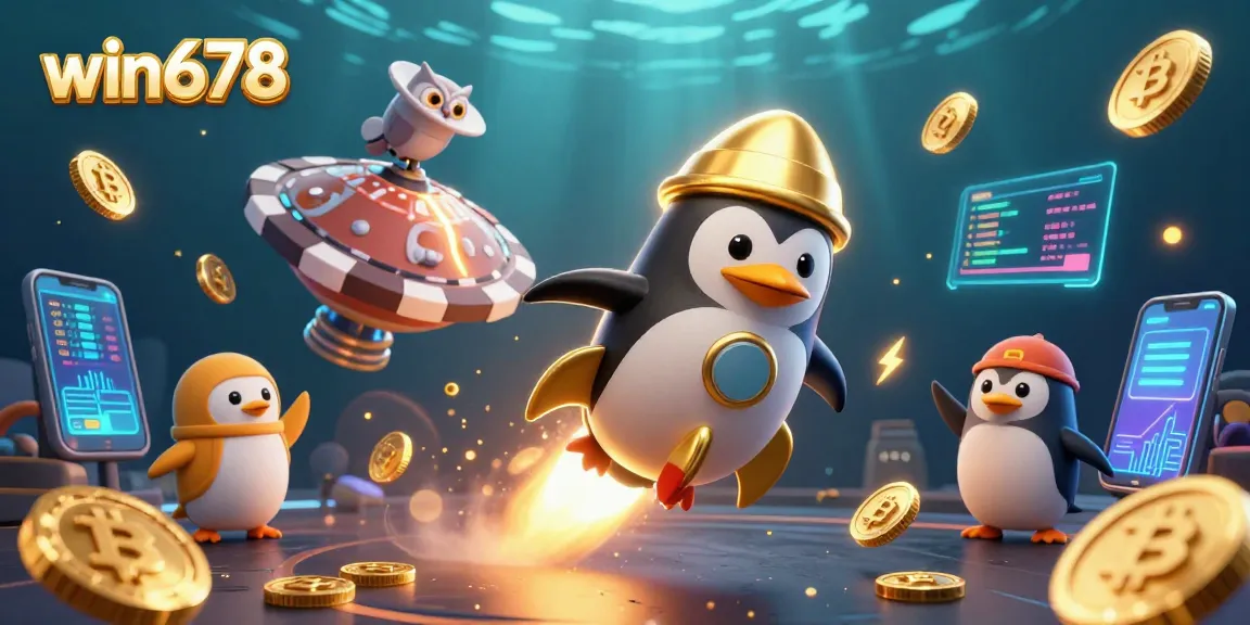 Experience thrilling wins at win678 with a vibrant casino adventure featuring a golden penguin and crypto coins.