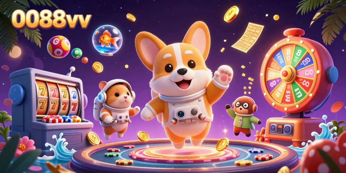 Experience excitement with 0088vv in a lively casino scene featuring a corgi astronaut and dynamic gaming elements.