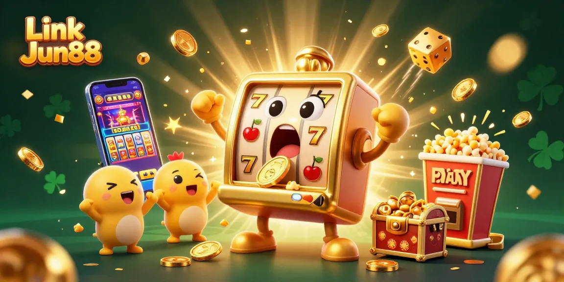 Spin the reels and win with Link Jun88's vibrant casino games illustration filled with excitement.