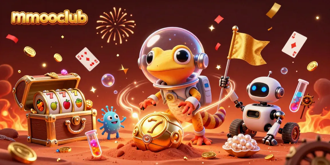 Experience the excitement of mmooclub with a Martian gecko uncovering a golden casino, surrounded by treasures and casino elements.