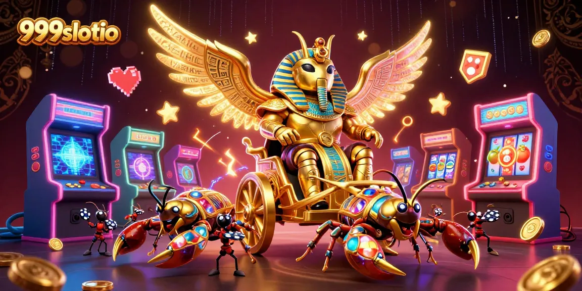 Engage with 999slotio’s vibrant casino adventures featuring a golden beetle and scorpions in action.