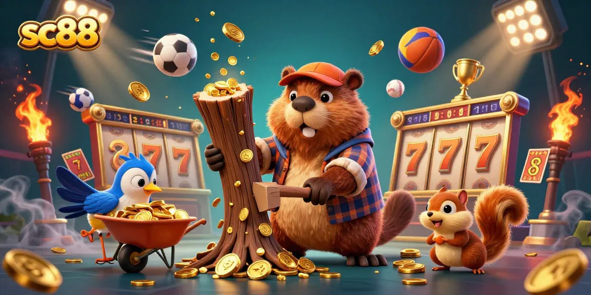 Spin to win with sc88 as a vibrant 3D cartoon scene features beaver and friends amidst slots and gold.