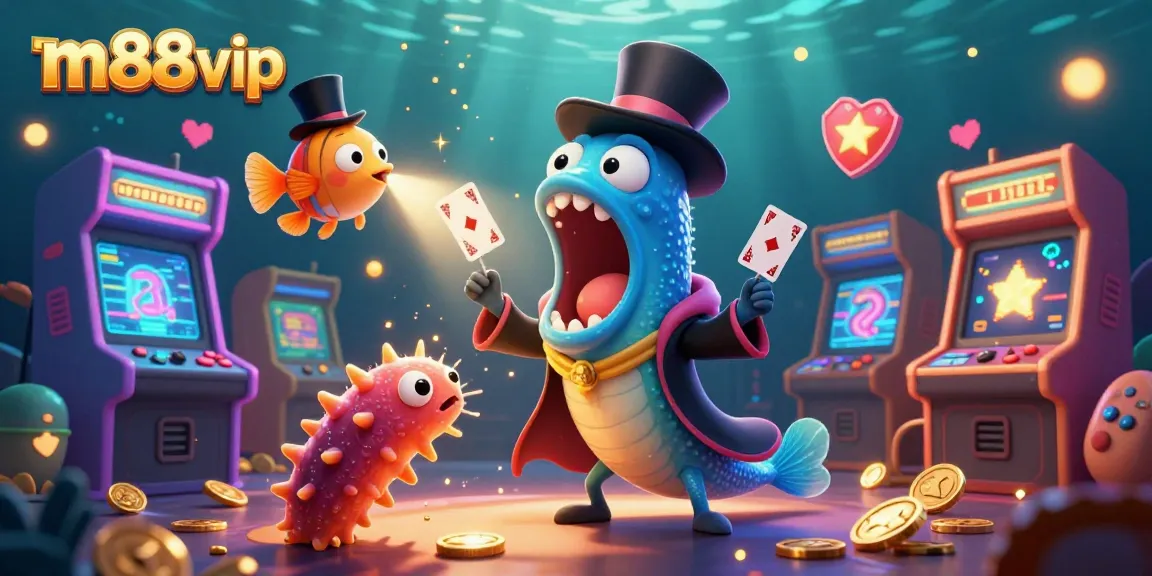 Experience the thrill of m88vip with a vibrant underwater gambling illustration featuring animated characters and game elements.