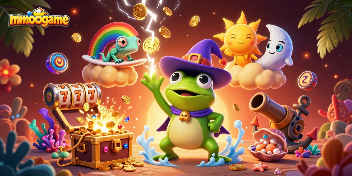 Experience the magic of mmoogame with a dynamic 3D scene of a weather wizard frog and treasures.