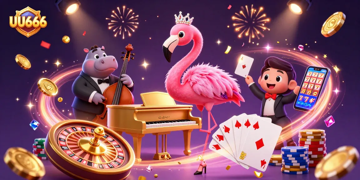 Experience excitement at UU666 with vibrant casino-themed 3D characters celebrating with golden coins and game elements.