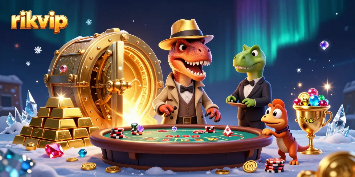 Engage with rikvip's immersive casino scene featuring a clever velociraptor at a blackjack table, evading scrutiny.