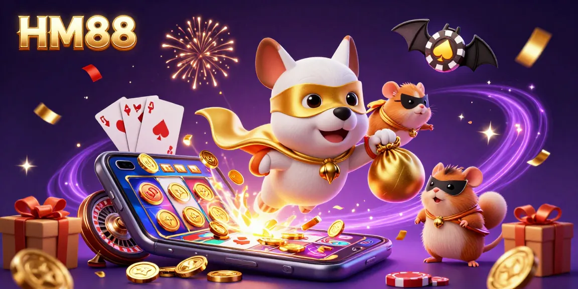 Join the adventure with HM88 as the superhero dog and hamster fly through a vibrant casino scene filled with fun and games.