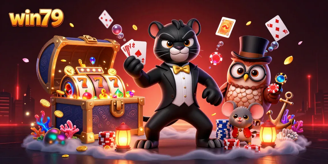 Engage in thrilling gameplay with win79 as cartoon characters deal cards and manage chips at a vibrant casino.