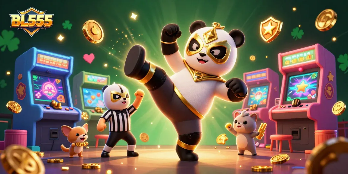 Experience thrilling gaming action with BL555 featuring a panda wrestler and excited animal fans in a vibrant casino